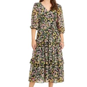 Taylor Cottagecore Chiffon V-Neck Mid-Sleeve Tiered Floral Maxi Dress Women's S